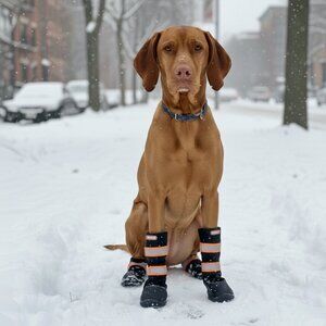 Dog Boots Rubber Non-Slippery Sole Double Clasp Light Reflective Stripes New